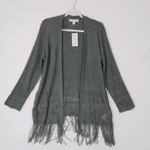 Michael‎ Kors Open Front Crocheted Sweater Size Large in Army Green w/ Fringe